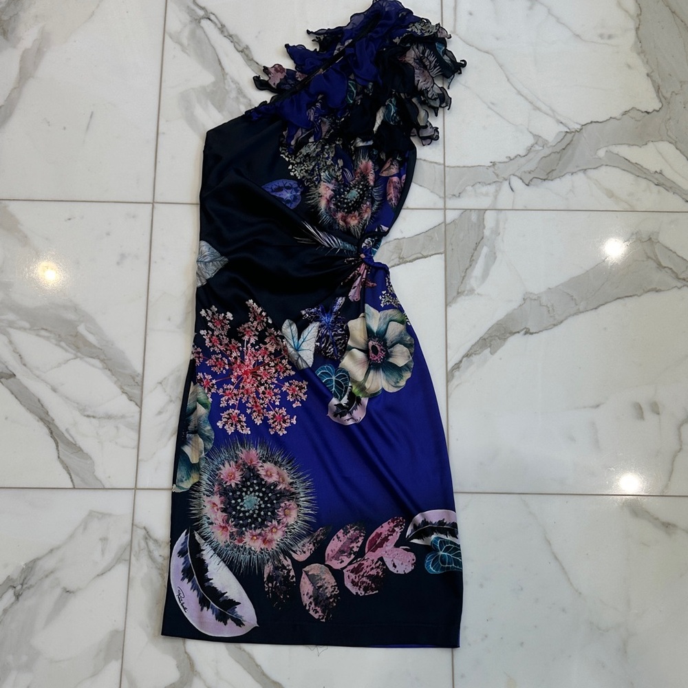 Roberto Cavalli One-Shoulder Dress in Blue and Black